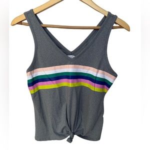 Love Fire Womens Tank Top Gray Rainbow Striped Sleeveless V Neck Tie Knot S NWOT